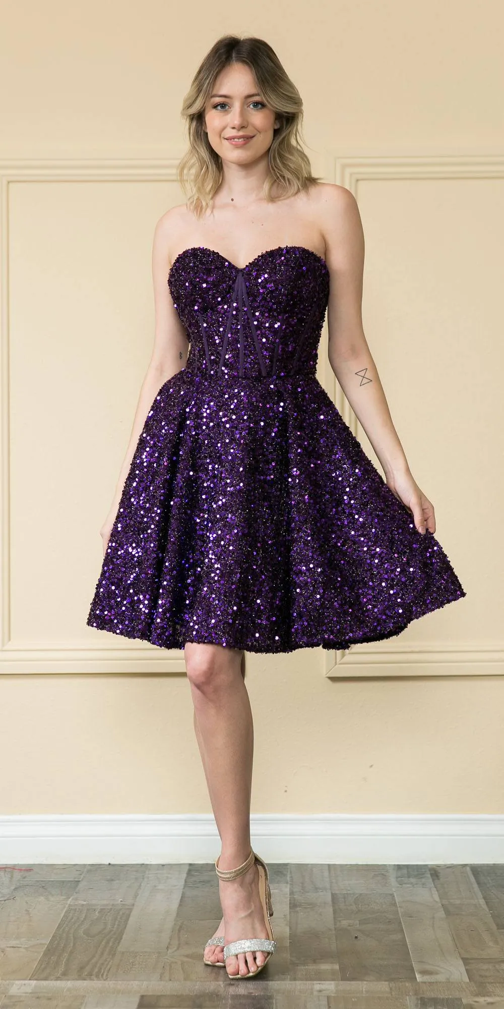 Poly USA 8974 Short Strapless Sequin Corset Bodice A-Line Dress