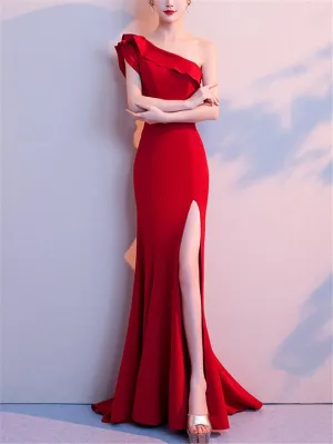 Pretty One Shoulder Sweep Train Side Slit Maxi Dress for Evening