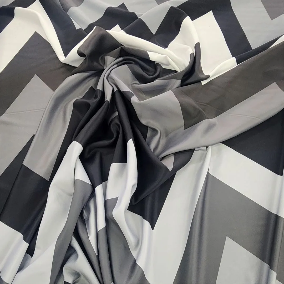 Printed Wave Satin Fabric Black/Grey 150cm