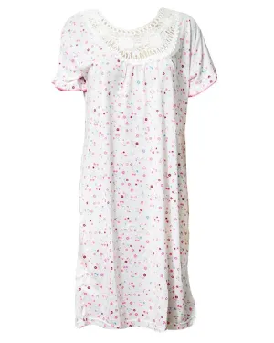 Printed White Long Nighty With Pink Dotted 111.3 - Women Nightdress
