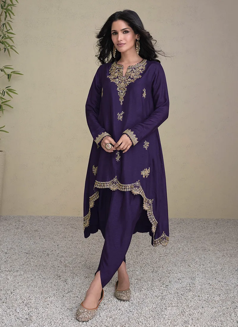 Purple Embroidered Asymmetrical Pant Style Suit