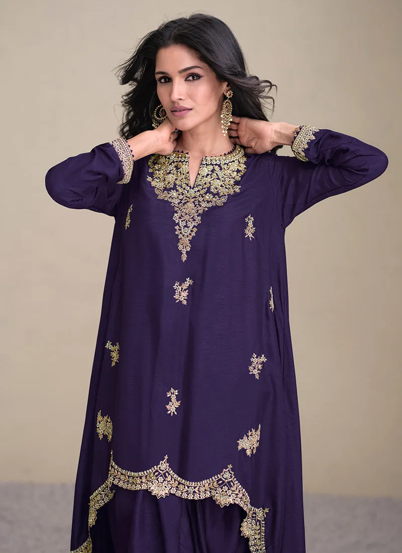 Purple Embroidered Asymmetrical Pant Style Suit