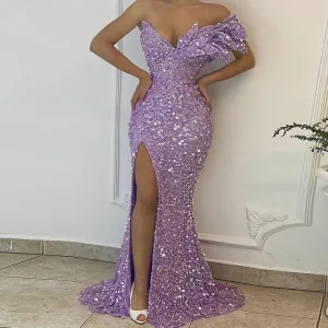 Purple Evening Dresses Sequin Side Split Mermaid Formal Party Celebrity Gowns