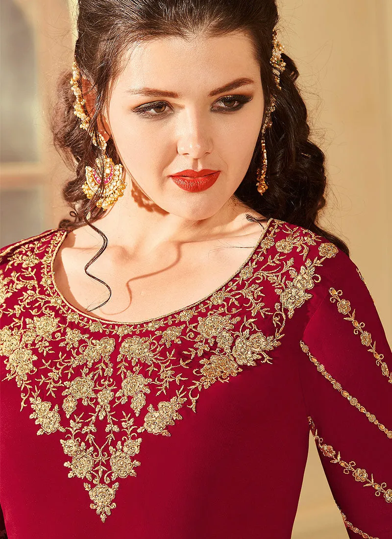Red Golden Embroidered Anarkali Suit