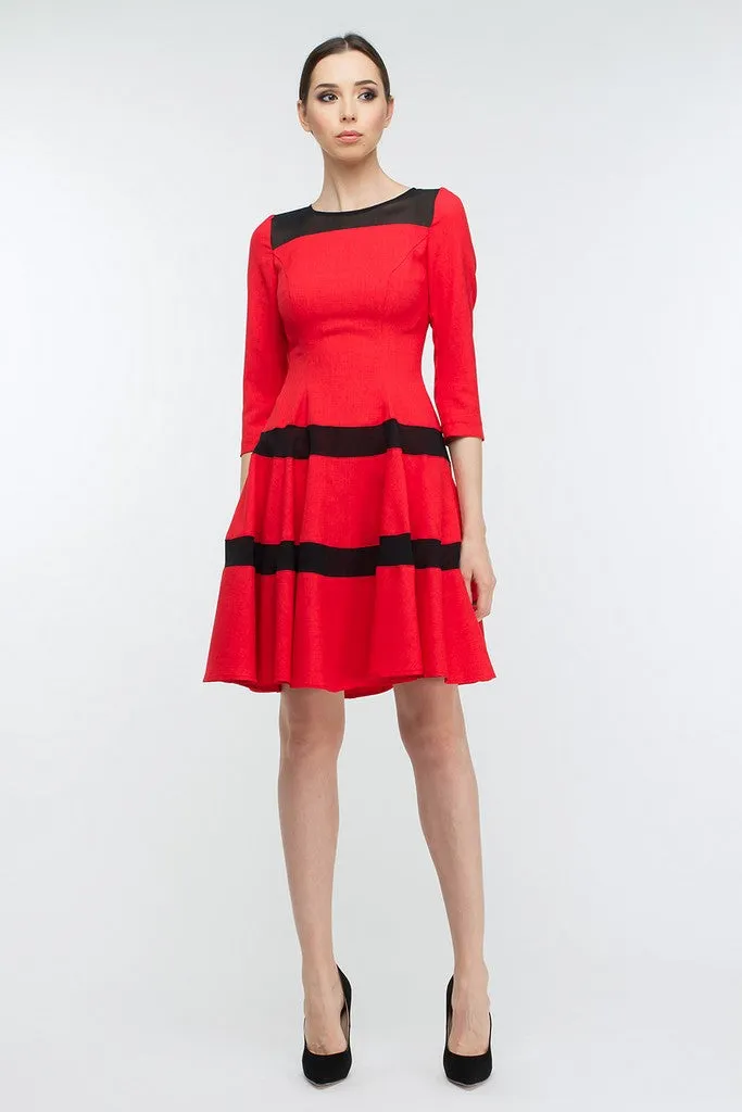 Red Striped Evening A-Line Boatneck Bracelet Sleeve Knee Dress