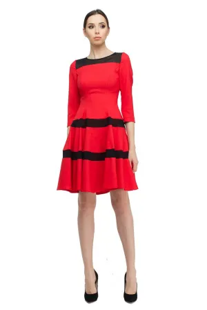 Red Striped Evening A-Line Boatneck Bracelet Sleeve Knee Dress