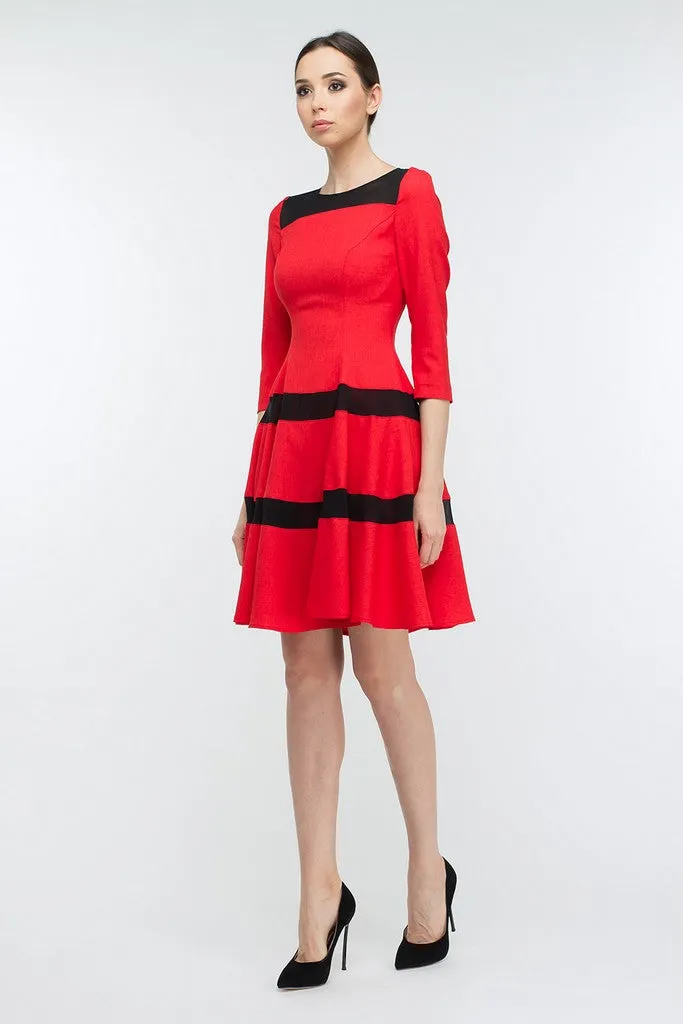 Red Striped Evening A-Line Boatneck Bracelet Sleeve Knee Dress