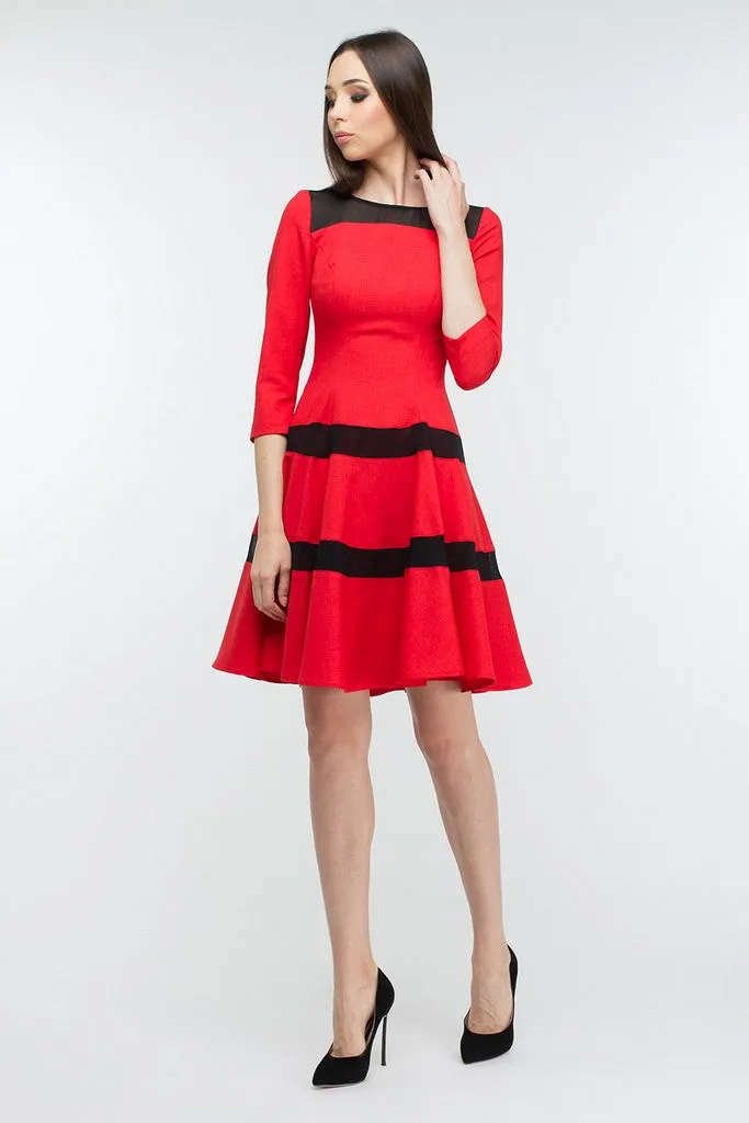 Red Striped Evening A-Line Boatneck Bracelet Sleeve Knee Dress
