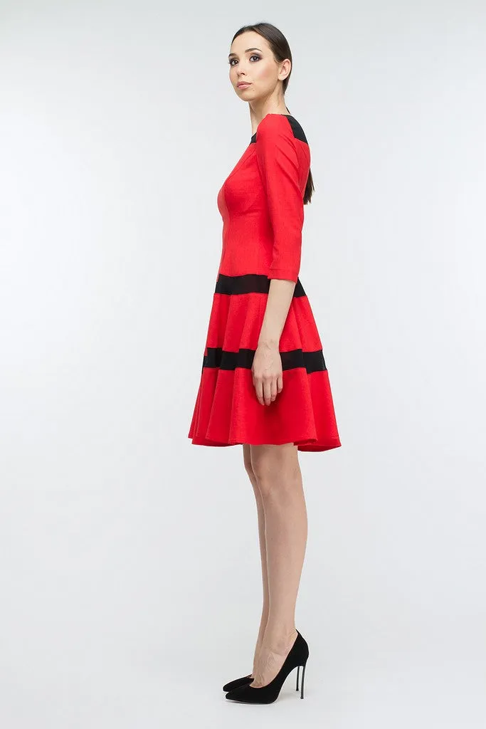 Red Striped Evening A-Line Boatneck Bracelet Sleeve Knee Dress