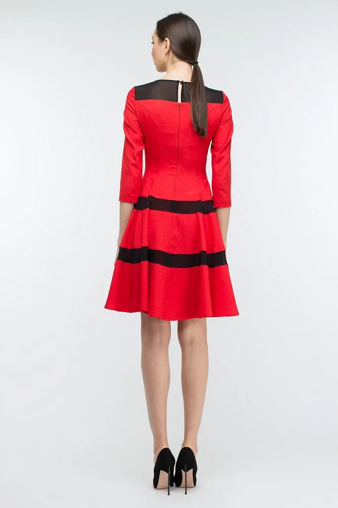 Red Striped Evening A-Line Boatneck Bracelet Sleeve Knee Dress
