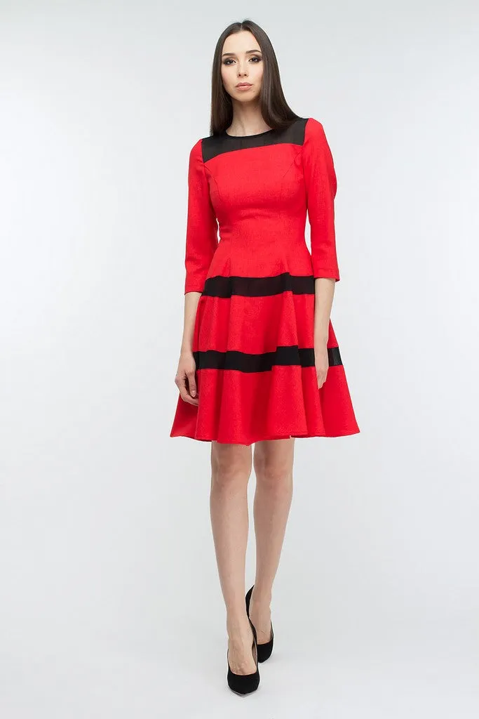 Red Striped Evening A-Line Boatneck Bracelet Sleeve Knee Dress
