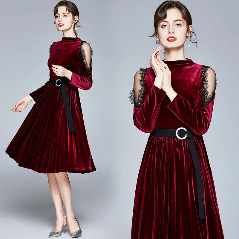 Red Velvet Lace Sleeve Pleated Skirt Midi Dresses