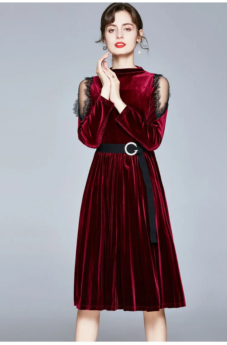 Red Velvet Lace Sleeve Pleated Skirt Midi Dresses