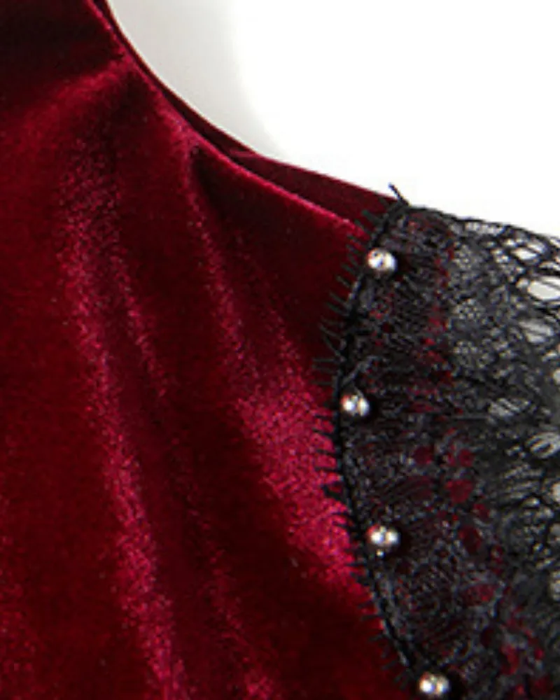 Red Velvet Lace Sleeve Pleated Skirt Midi Dresses