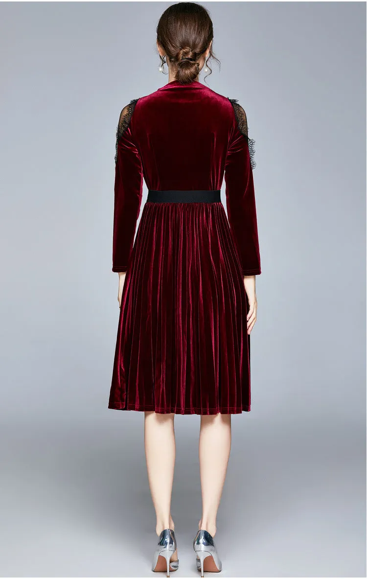 Red Velvet Lace Sleeve Pleated Skirt Midi Dresses