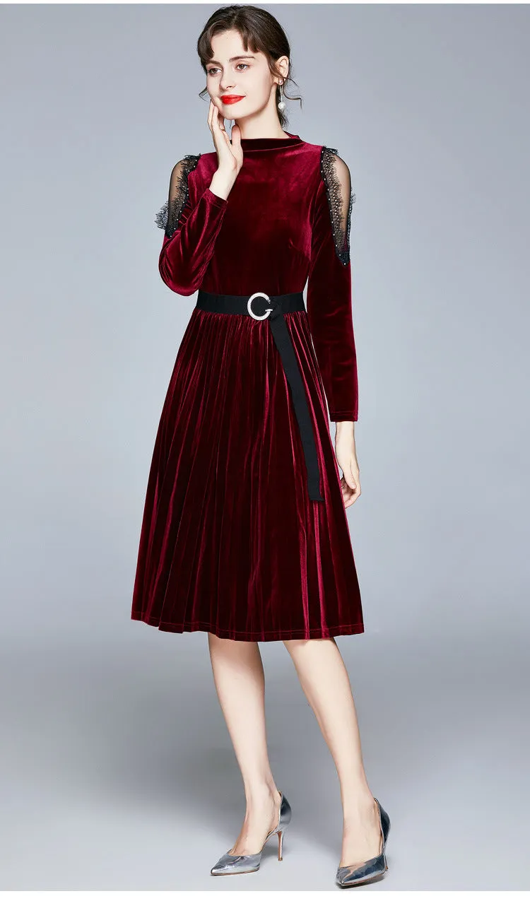 Red Velvet Lace Sleeve Pleated Skirt Midi Dresses