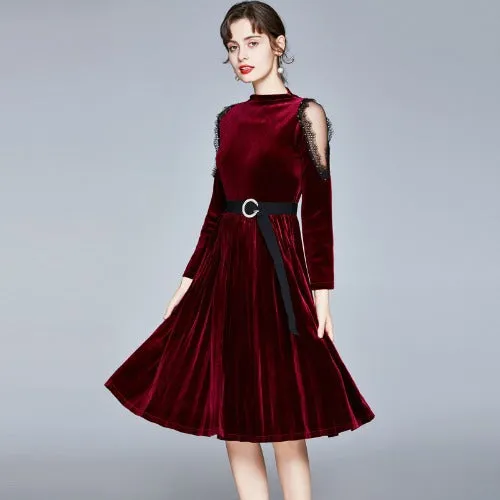 Red Velvet Lace Sleeve Pleated Skirt Midi Dresses