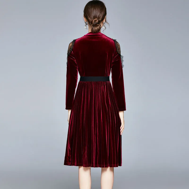 Red Velvet Lace Sleeve Pleated Skirt Midi Dresses