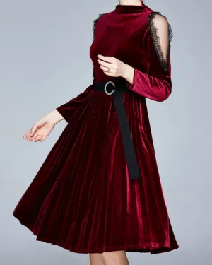 Red Velvet Lace Sleeve Pleated Skirt Midi Dresses