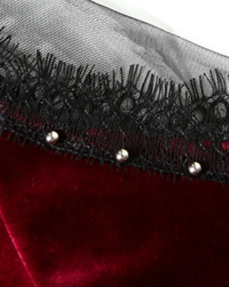 Red Velvet Lace Sleeve Pleated Skirt Midi Dresses