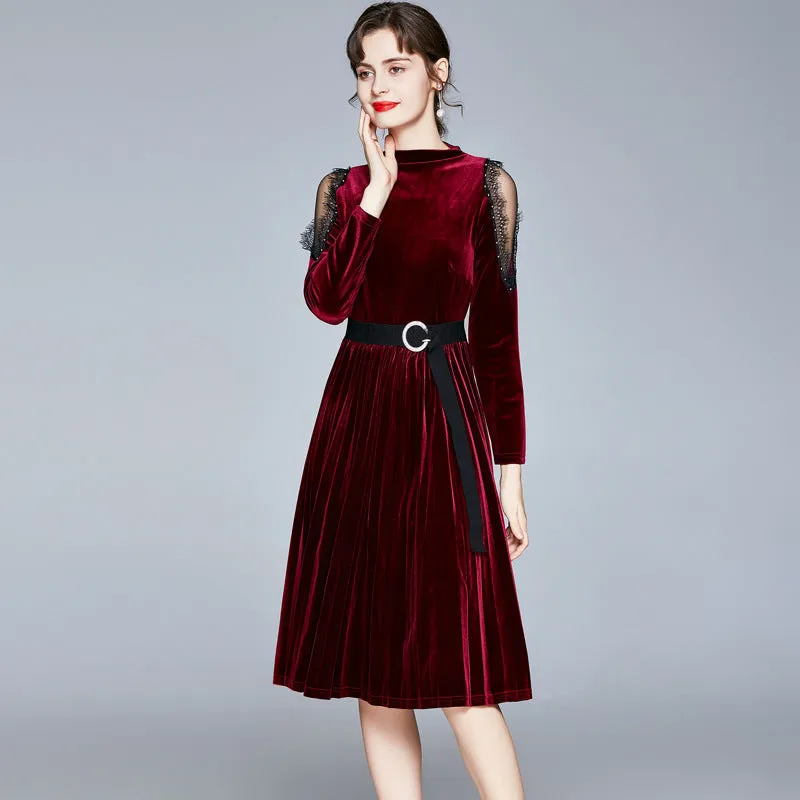 Red Velvet Lace Sleeve Pleated Skirt Midi Dresses