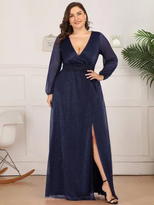 Robe de Cérémonie Grande Taille Longue Brillante à Col en V(Vente finale)