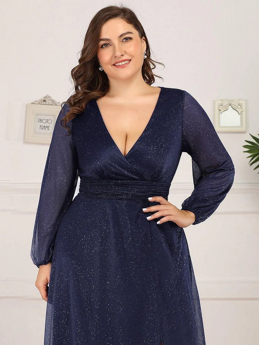 Robe de Cérémonie Grande Taille Longue Brillante à Col en V(Vente finale)