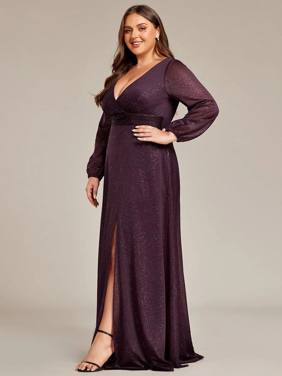 Robe de Cérémonie Grande Taille Longue Brillante à Col en V(Vente finale)