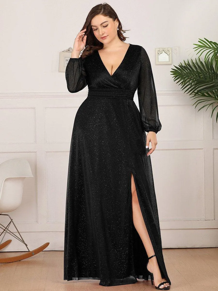 Robe de Cérémonie Grande Taille Longue Brillante à Col en V(Vente finale)