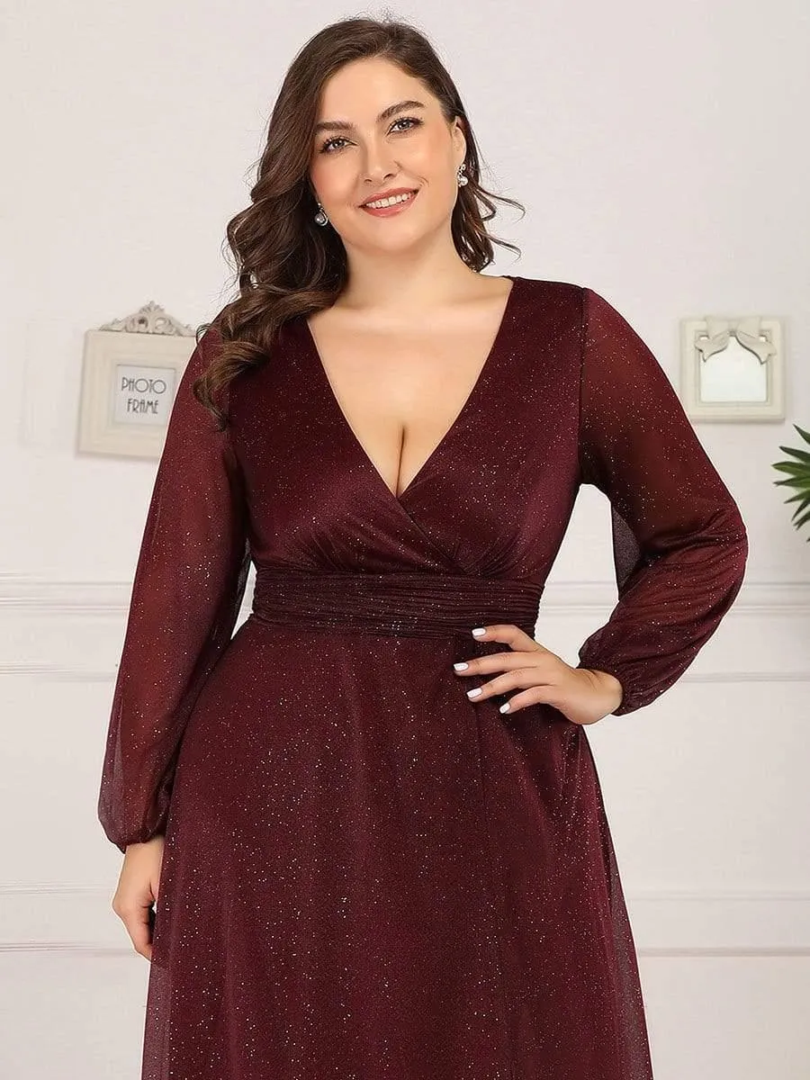 Robe de Cérémonie Grande Taille Longue Brillante à Col en V(Vente finale)