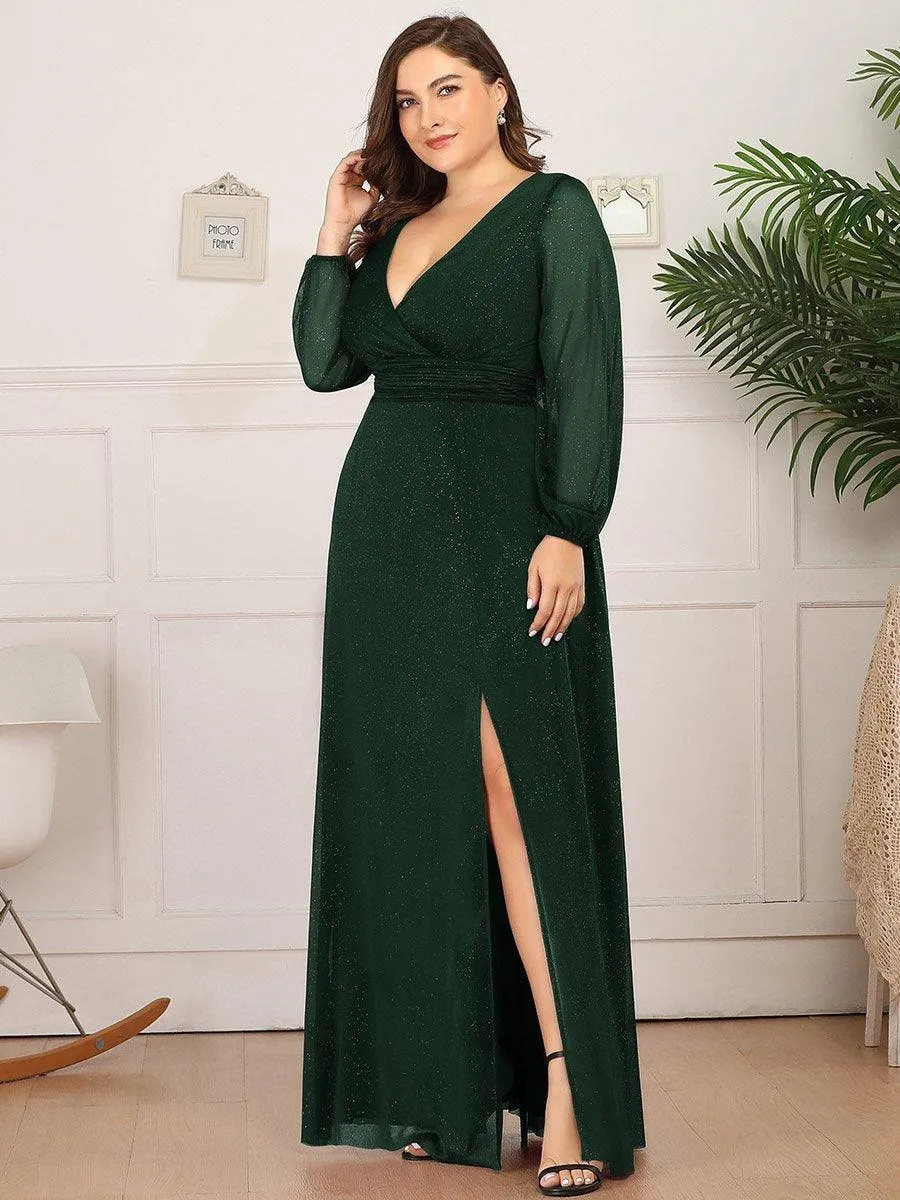 Robe de Cérémonie Grande Taille Longue Brillante à Col en V(Vente finale)