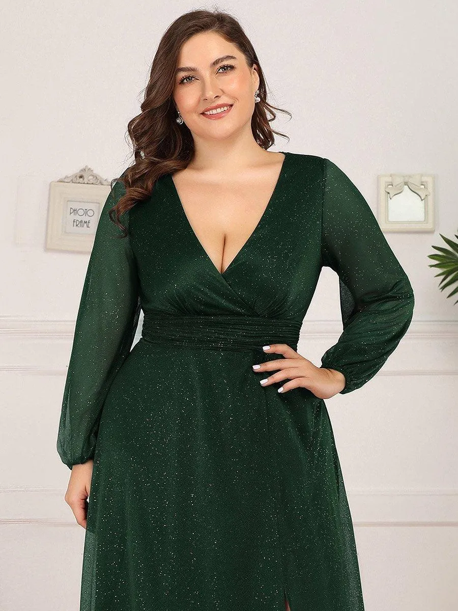 Robe de Cérémonie Grande Taille Longue Brillante à Col en V(Vente finale)