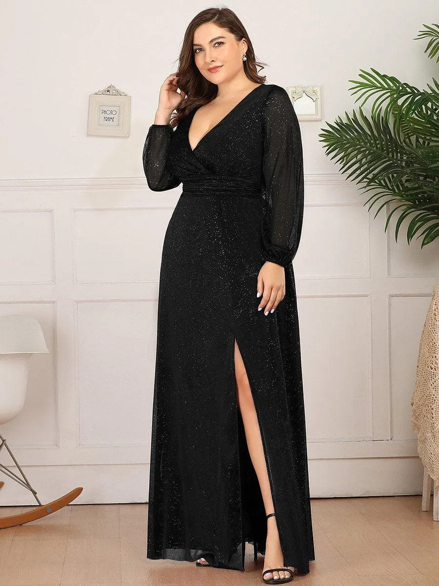 Robe de Cérémonie Grande Taille Longue Brillante à Col en V(Vente finale)