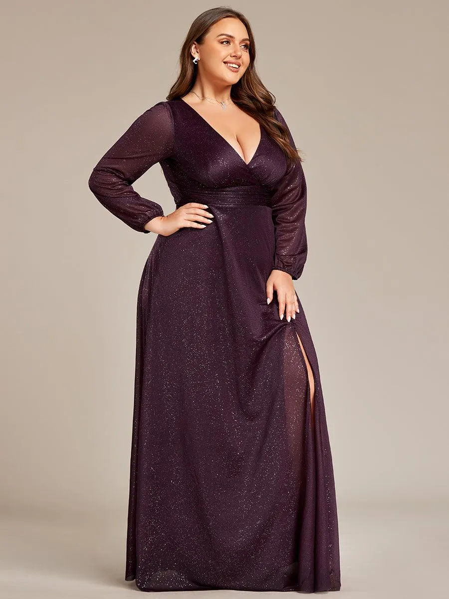 Robe de Cérémonie Grande Taille Longue Brillante à Col en V(Vente finale)