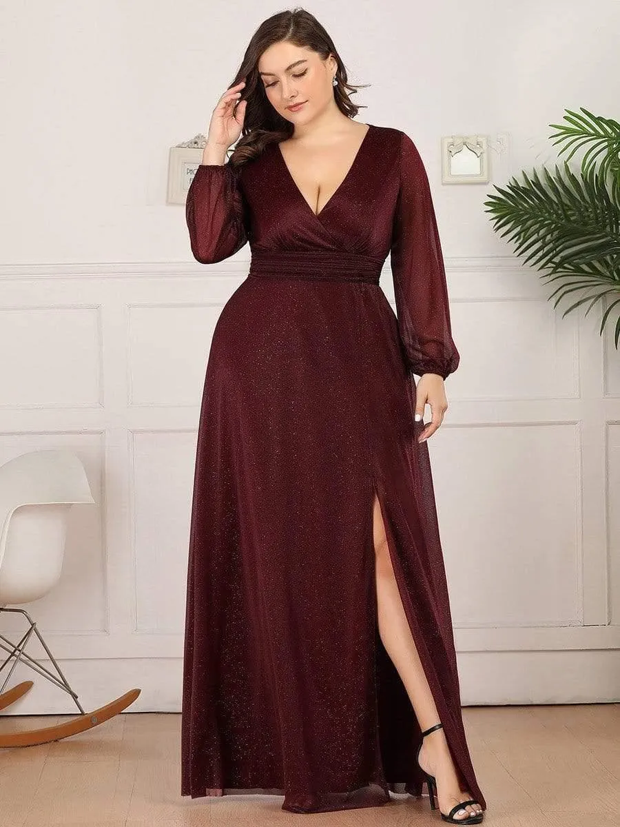 Robe de Cérémonie Grande Taille Longue Brillante à Col en V(Vente finale)