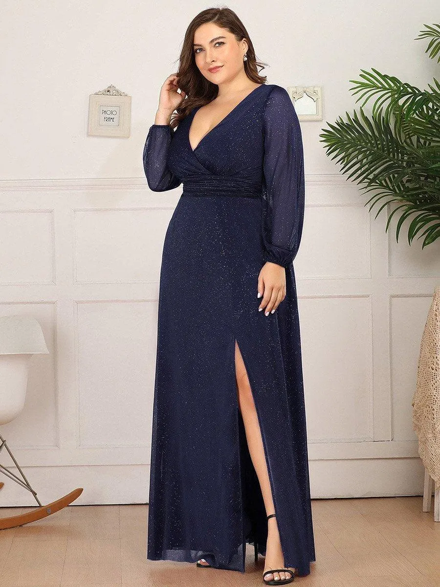 Robe de Cérémonie Grande Taille Longue Brillante à Col en V(Vente finale)