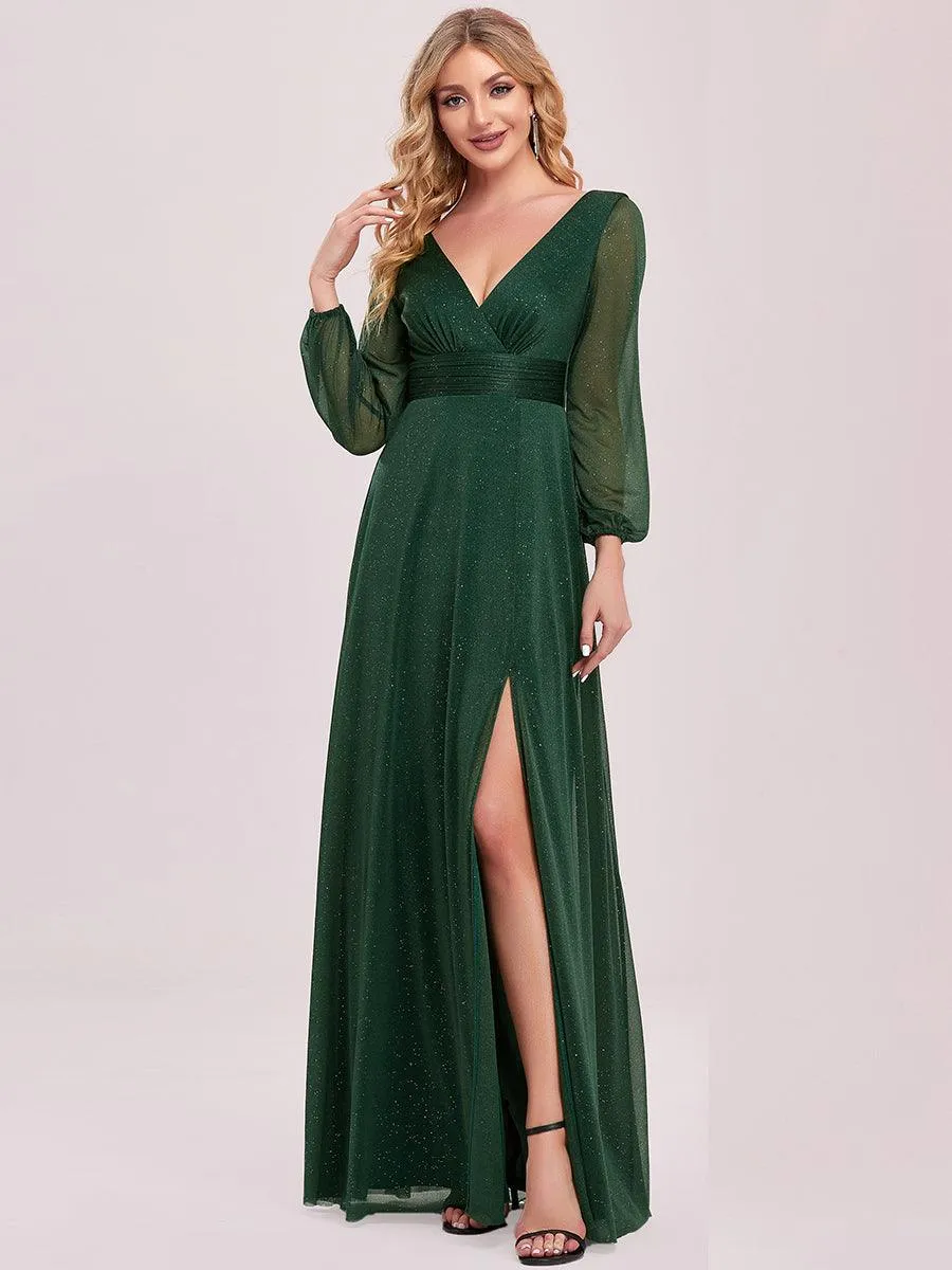 Robe de Cérémonie Longue Brillante à Col en V avec Manches Longues(Vente finale)