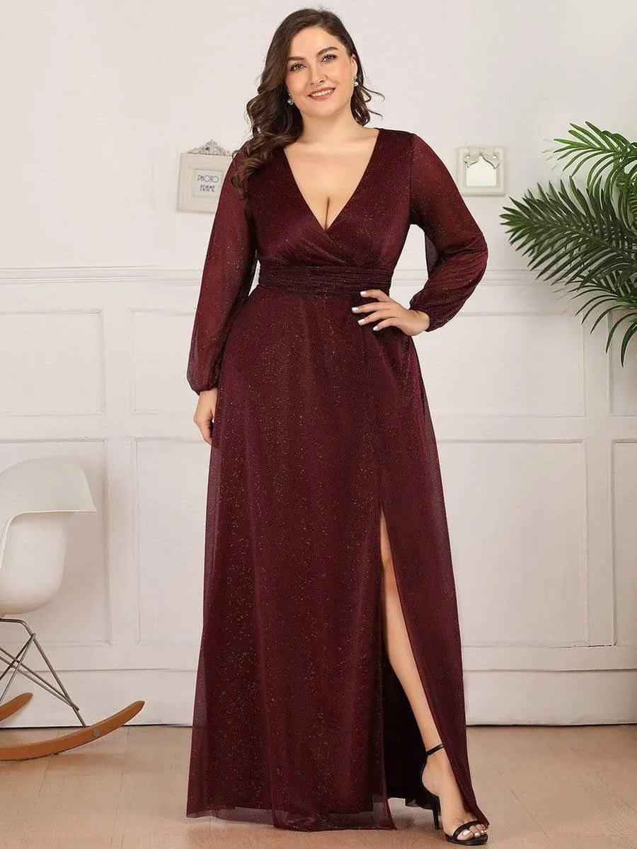 Robe de Cérémonie Longue Brillante à Col en V avec Manches Longues(Vente finale)