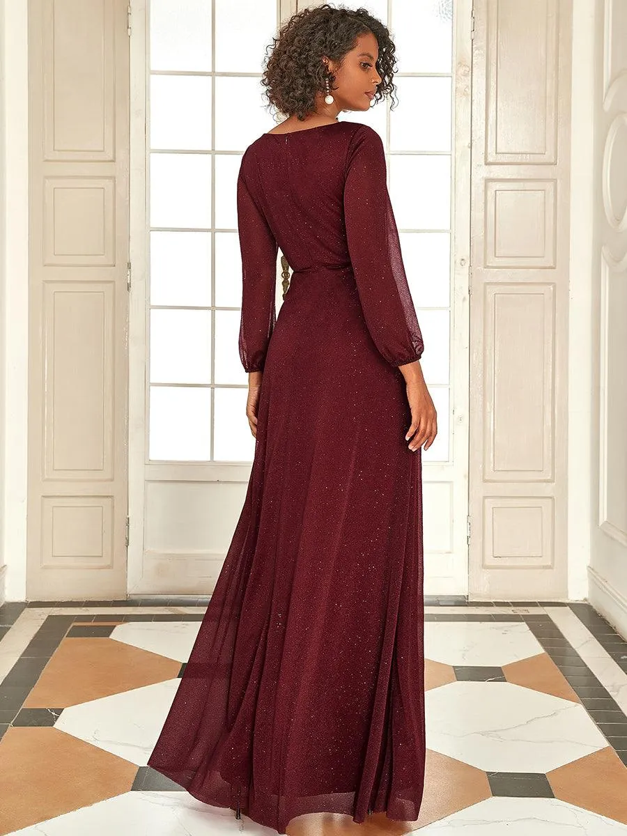 Robe de Cérémonie Longue Brillante à Col en V avec Manches Longues(Vente finale)