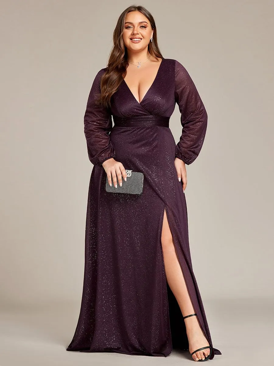 Robe de Cérémonie Longue Brillante à Col en V avec Manches Longues(Vente finale)