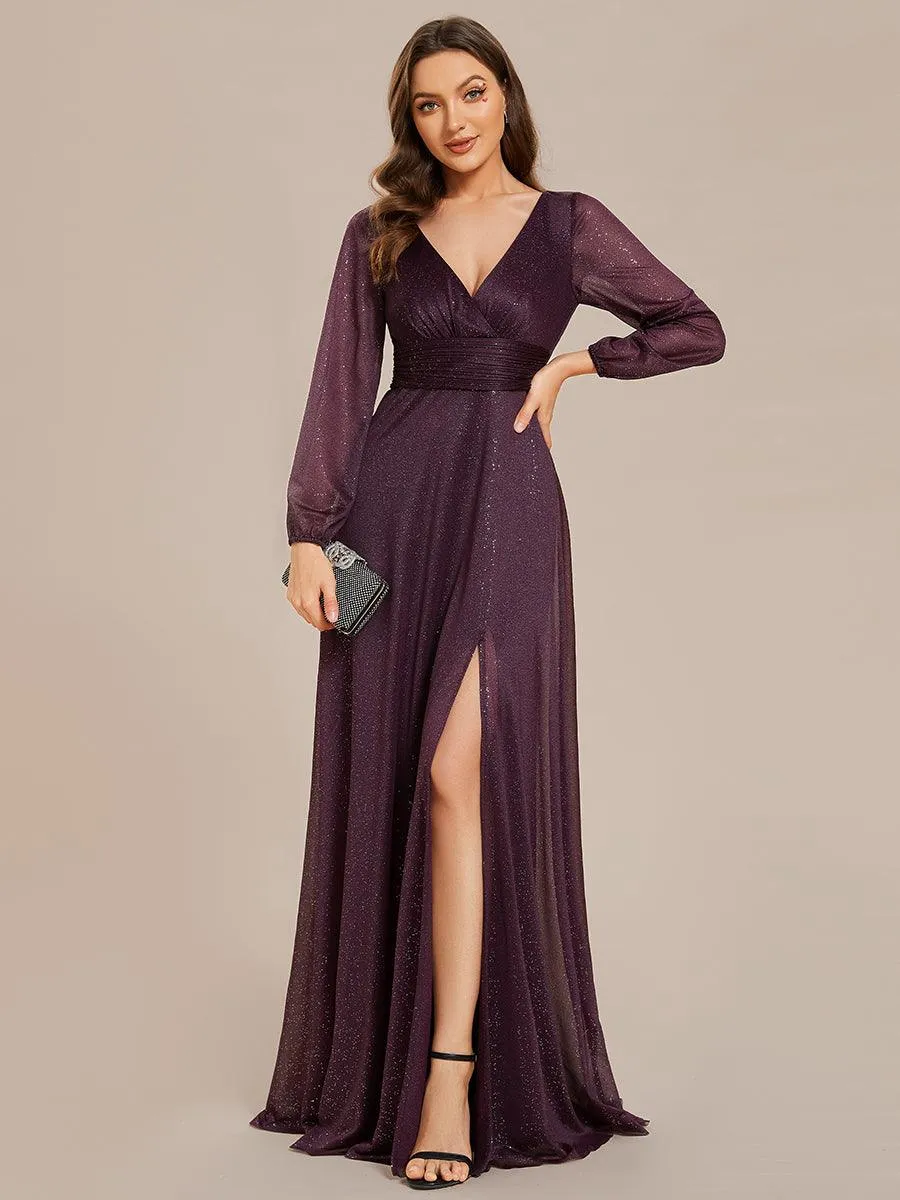 Robe de Cérémonie Longue Brillante à Col en V avec Manches Longues(Vente finale)