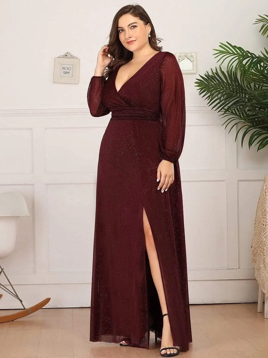 Robe de Cérémonie Longue Brillante à Col en V avec Manches Longues(Vente finale)