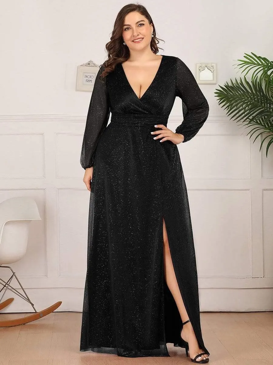 Robe de Cérémonie Longue Brillante à Col en V avec Manches Longues(Vente finale)