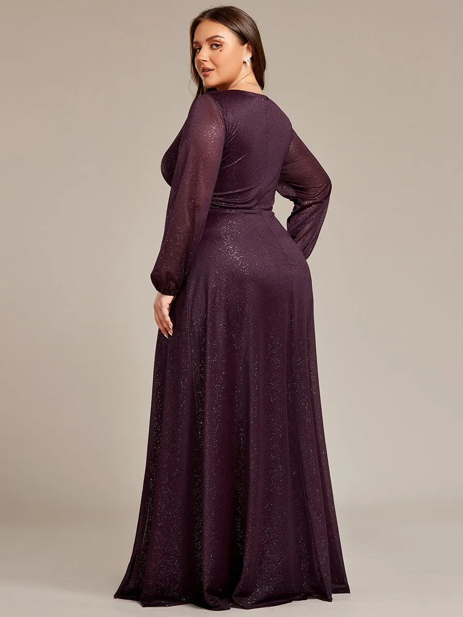 Robe de Cérémonie Longue Brillante à Col en V avec Manches Longues(Vente finale)