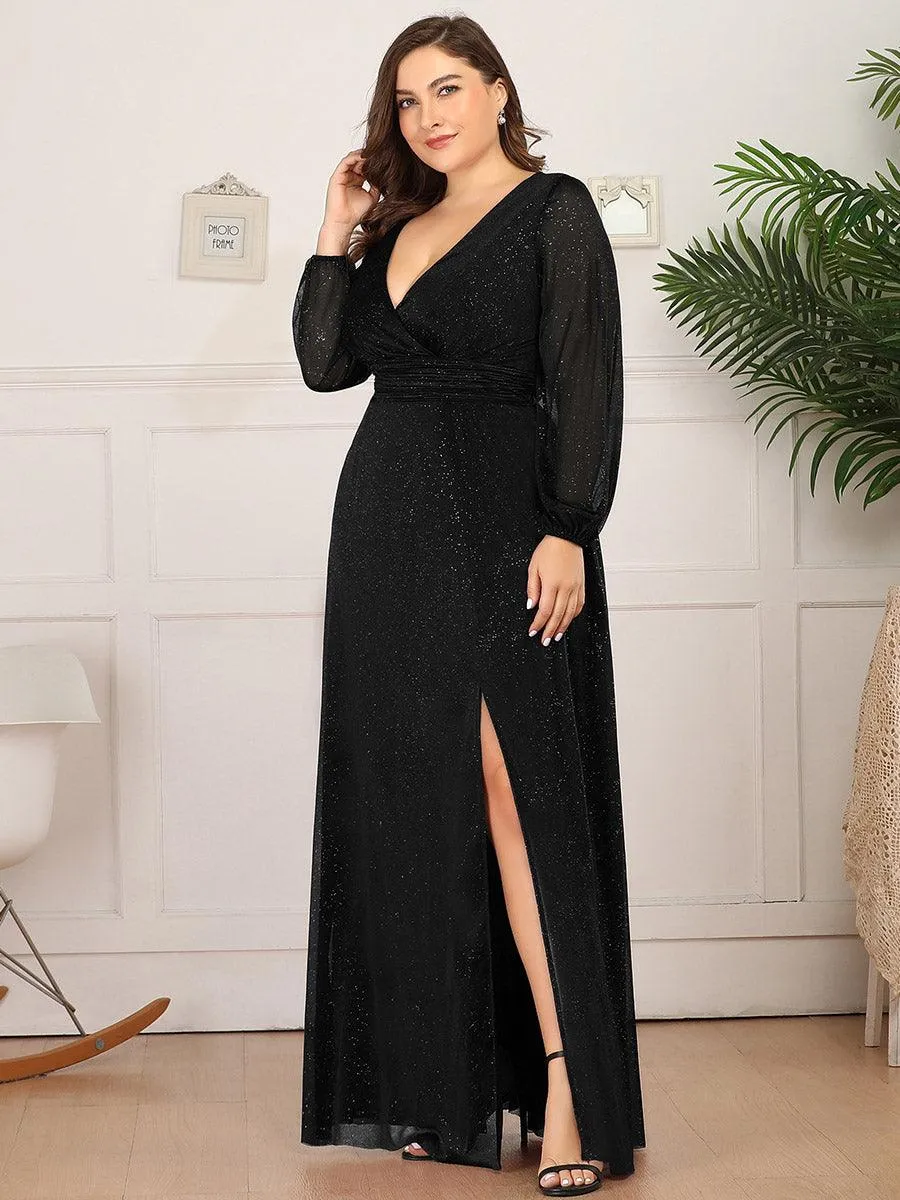 Robe de Cérémonie Longue Brillante à Col en V avec Manches Longues(Vente finale)