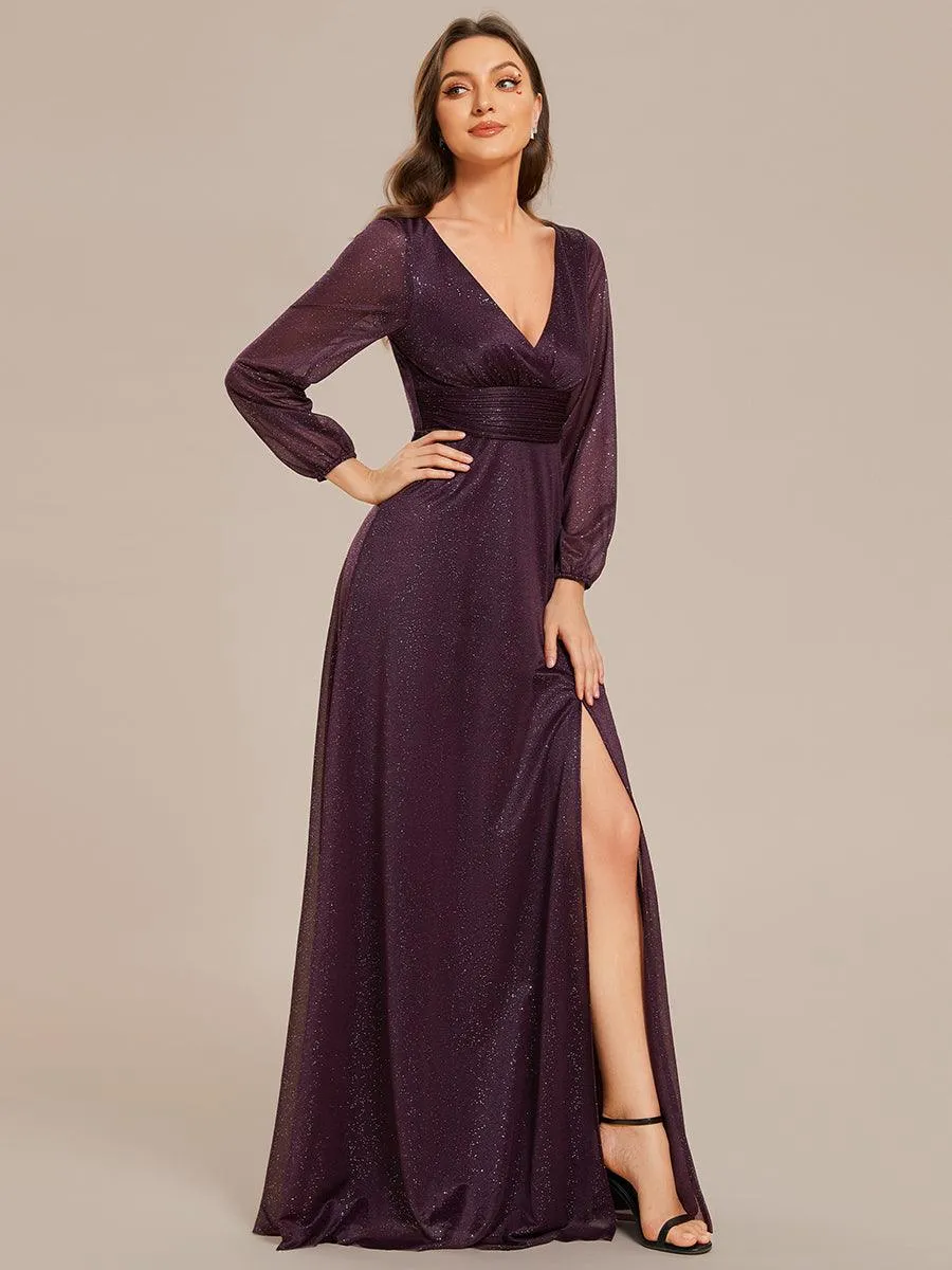 Robe de Cérémonie Longue Brillante à Col en V avec Manches Longues(Vente finale)