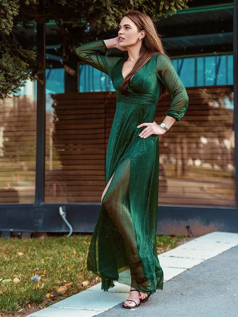 Robe de Cérémonie Longue Brillante à Col en V avec Manches Longues(Vente finale)