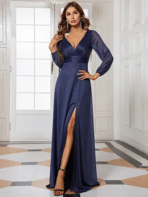 Robe de Cérémonie Longue Brillante à Col en V avec Manches Longues(Vente finale)