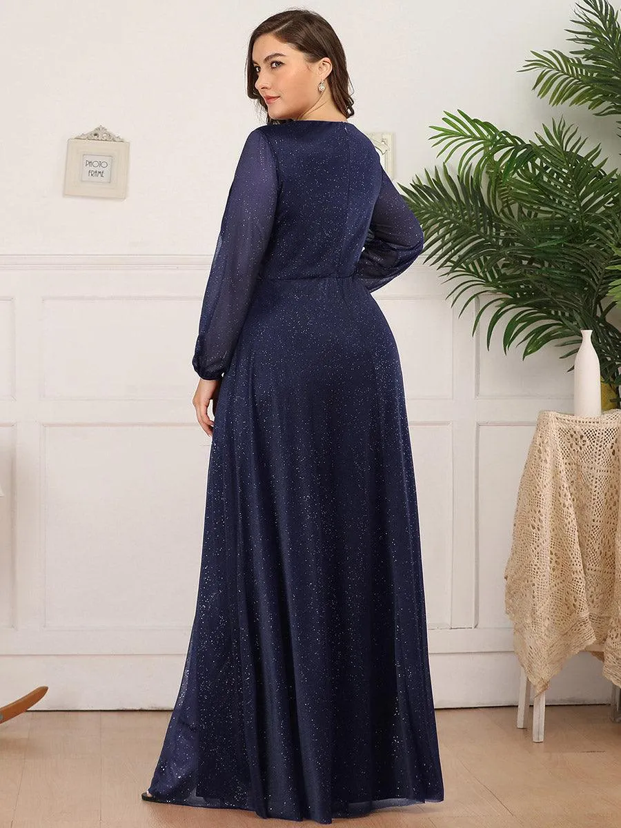 Robe de Cérémonie Longue Brillante à Col en V avec Manches Longues(Vente finale)
