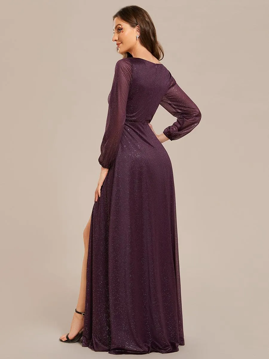 Robe de Cérémonie Longue Brillante à Col en V avec Manches Longues(Vente finale)
